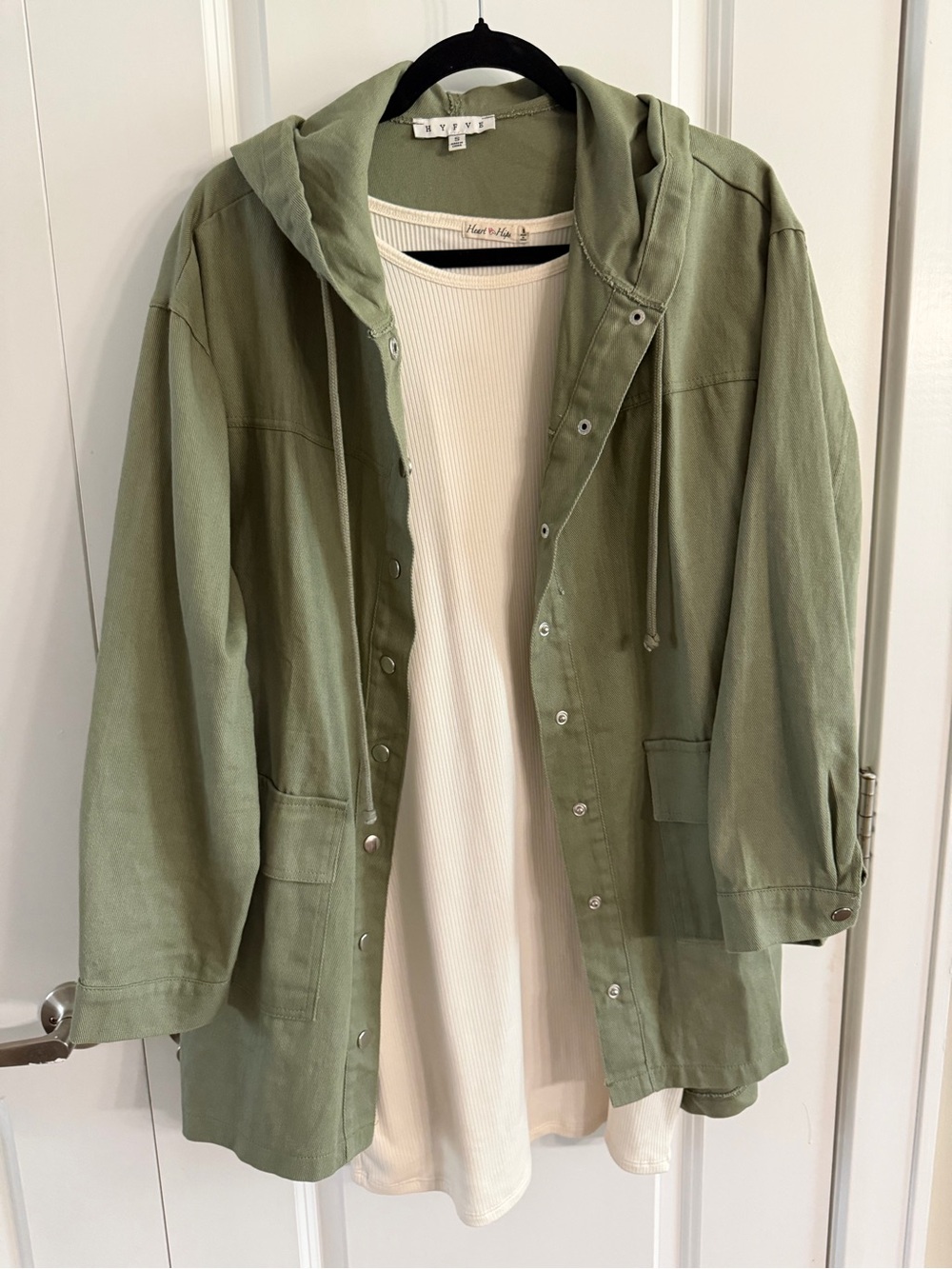 Heart Hips Olive Green Hooded Utility Jacket - White t-shirt dress